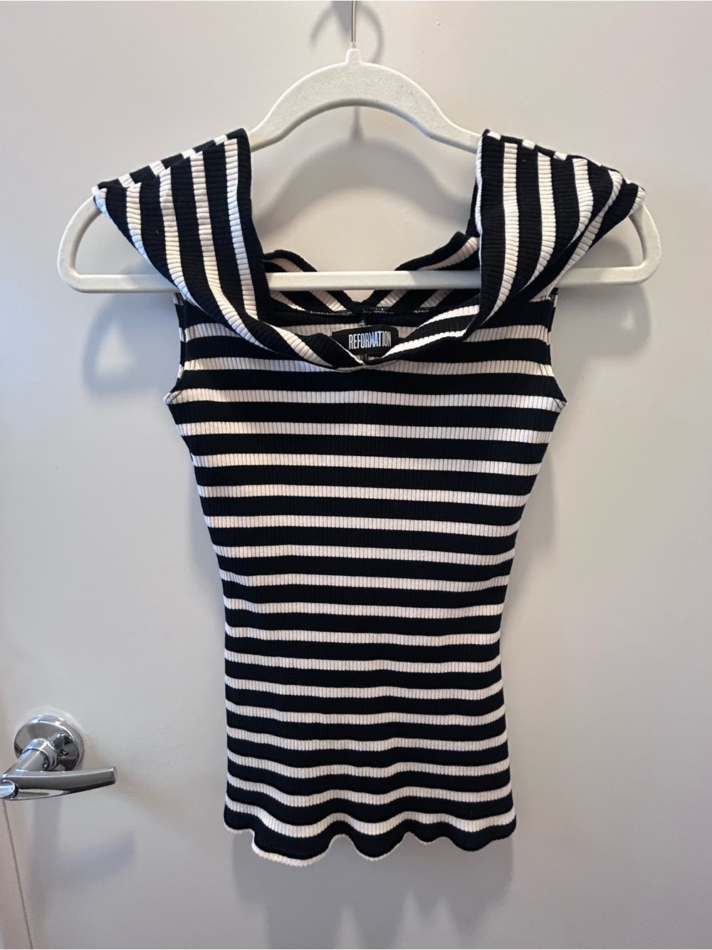 Reformation Black and White Striped Off-Shoulder Ribbed Tank